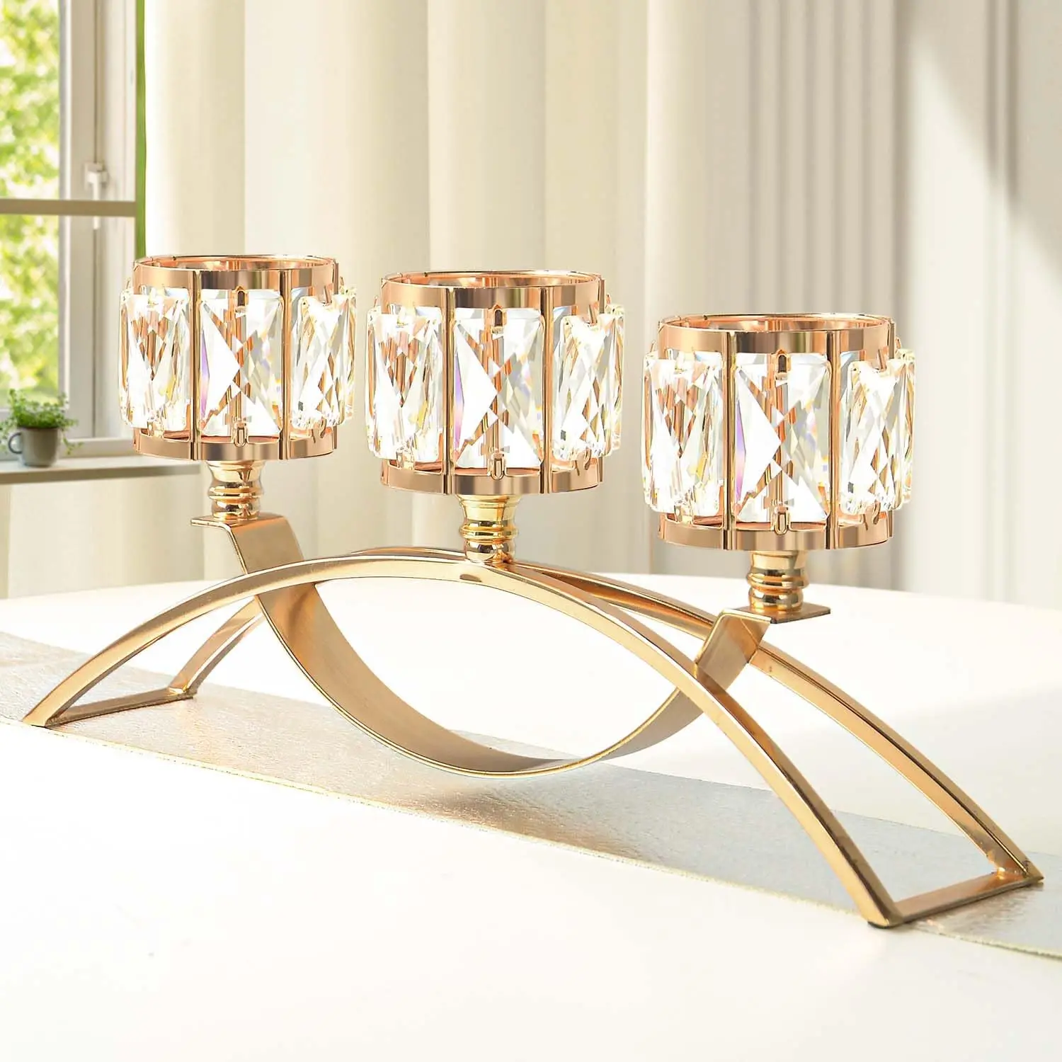 3 Arm Gold Crystal Candelabra, Arch Candlestick Holder for Wedding Centerpiece, Dining Room Cabinet Decor Home Gift