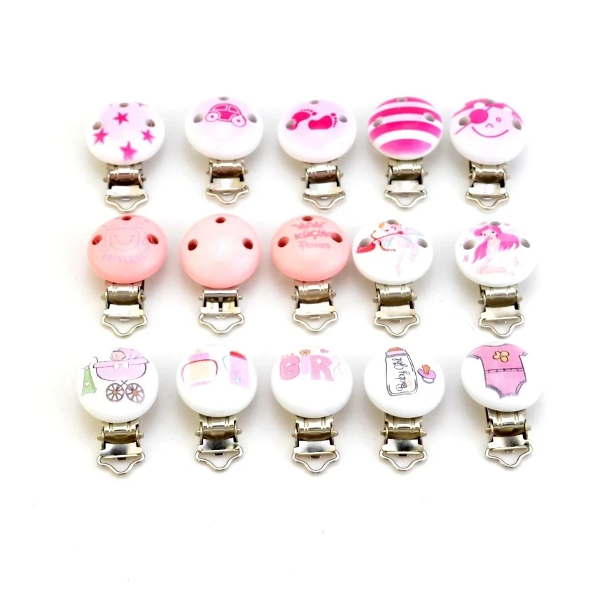 

5PCs Girls Pink Color Baby Pacifier Clips Wood Metal Holders Cute Infant Soother Clasps Funny Accessories 4.8x2.9cm