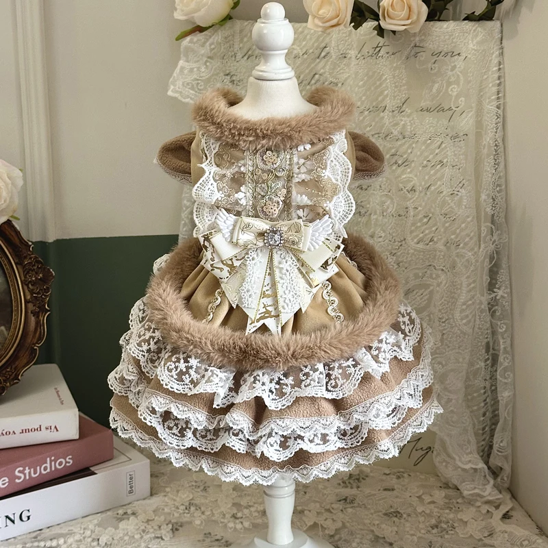 

Осенне-зимняя плюшевая одежда цвета хаки для собак, модное хлопковое теплое праздничное платье принцессы ручной работы для маленьких и средних собак, юбки для щенков