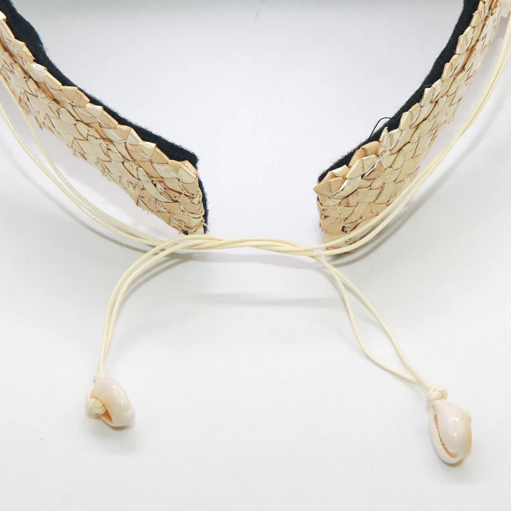 Handmade Wolf Tooth Grass Shell Visor Straw Hat, Elastic Headband Sun Cap for Women, Export view 4