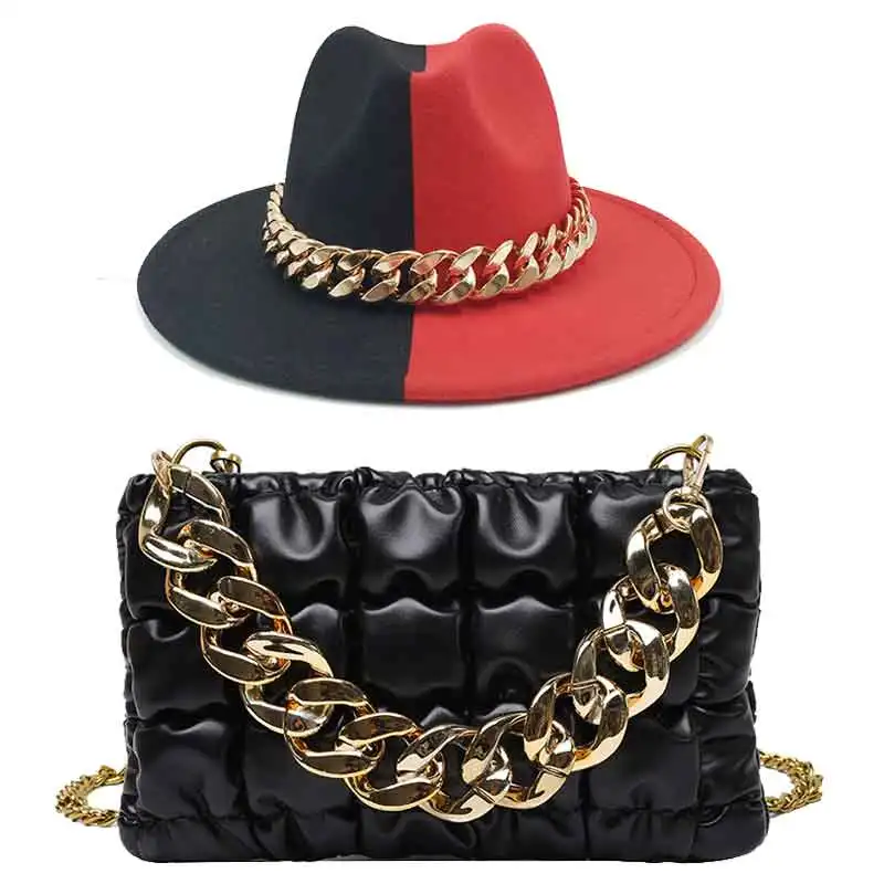 Fedoras Bag Set Hat For Women Jazz Cap Golden Chain Leather Bag Unisex Fashion Church Hat Wide Brim Autumn Winter Hat шапка