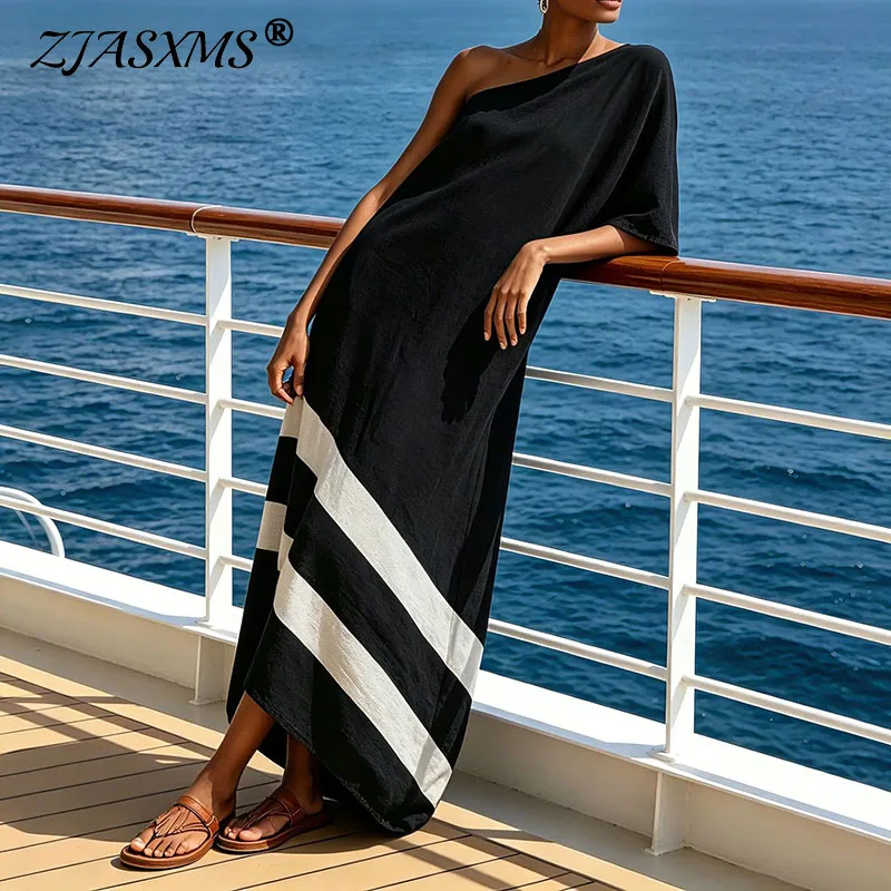 Nouvelle robe longue asymétrique pour femme à une épaule, manches chauve-souris courtes, imprimé rayures diagonales, ourlet asymétrique, style bohème ample pour l'automne, la plage et les voyages