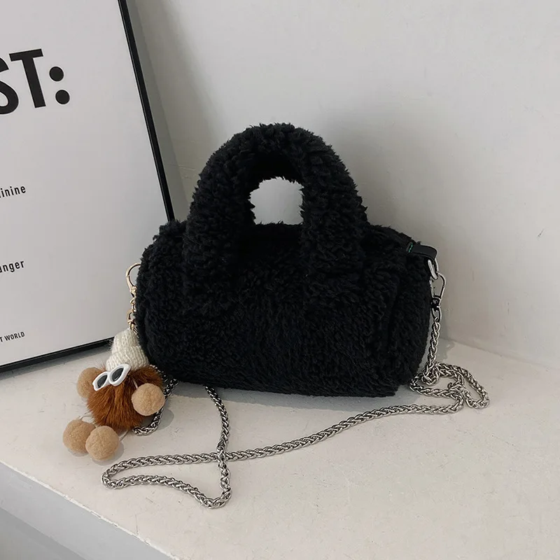 Women\'s Bags Winter Trend Designer Handbag Fluffy Tote Bags Chain Shoulder Strap Cylinder Bag Small Mini Crossbody Bags