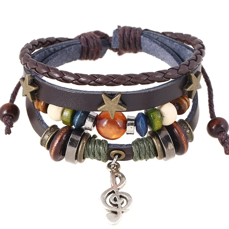 Pulsera de cuero con cuentas para hombre y mujer, brazalete Vintage con estrellas y notas musicales, multicapa, ajustable, a la moda