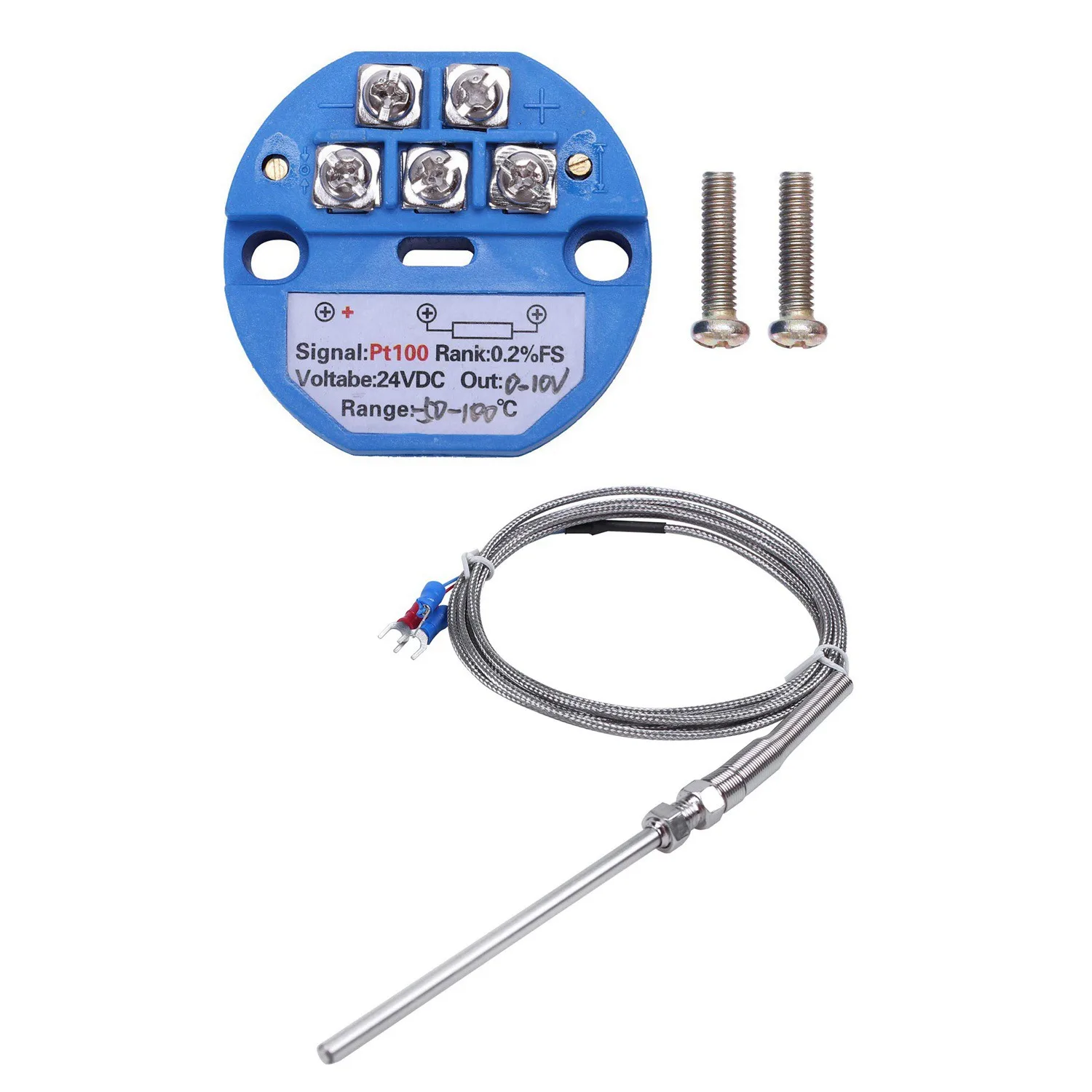 ABUP-1Pcs RTD PT100 Temperature Transmitter DC24V Minus 50 - 100 Degree Output 0-10V & 1Pcs Steel Temperature Probe Pt100 RTD Se