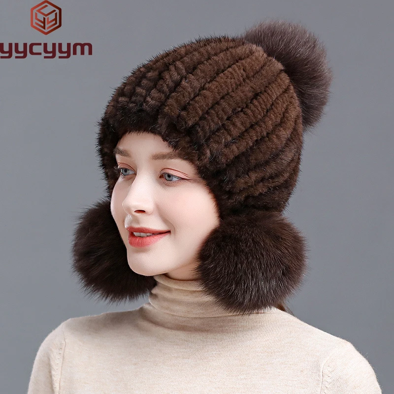 Winter Hot Sale Real Mink Fur Hat For Women Knitted Mink Fur Ear Warm Cap The Spiral Beanies Cap With Fox Fur Pompom On The Top