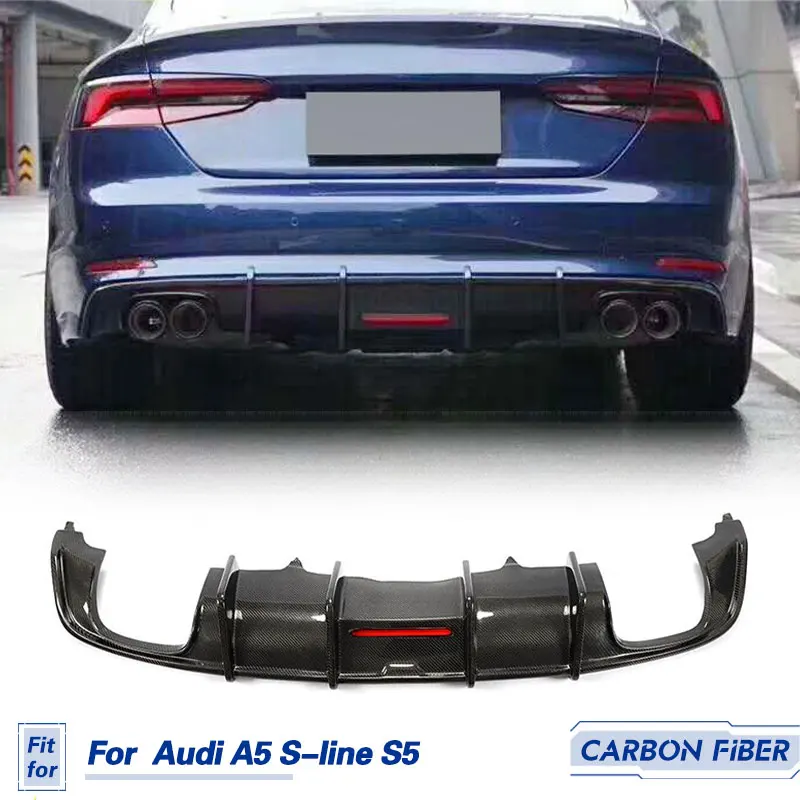 Car Rear Bumper Diffuser Lip Spoiler Carbon Fiber for Audi A5 S-line S5 2D 4D 2017-2019 Rear Diffuser With LED Light Body Kits