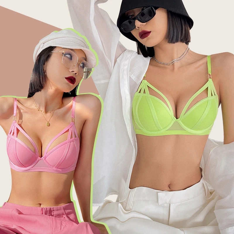 Fashion Women Underwear Set Sexy Lace Hollow Push Up Bra Set Classic Bandage Temptation Brassiere Fluorescent Green Lingerie