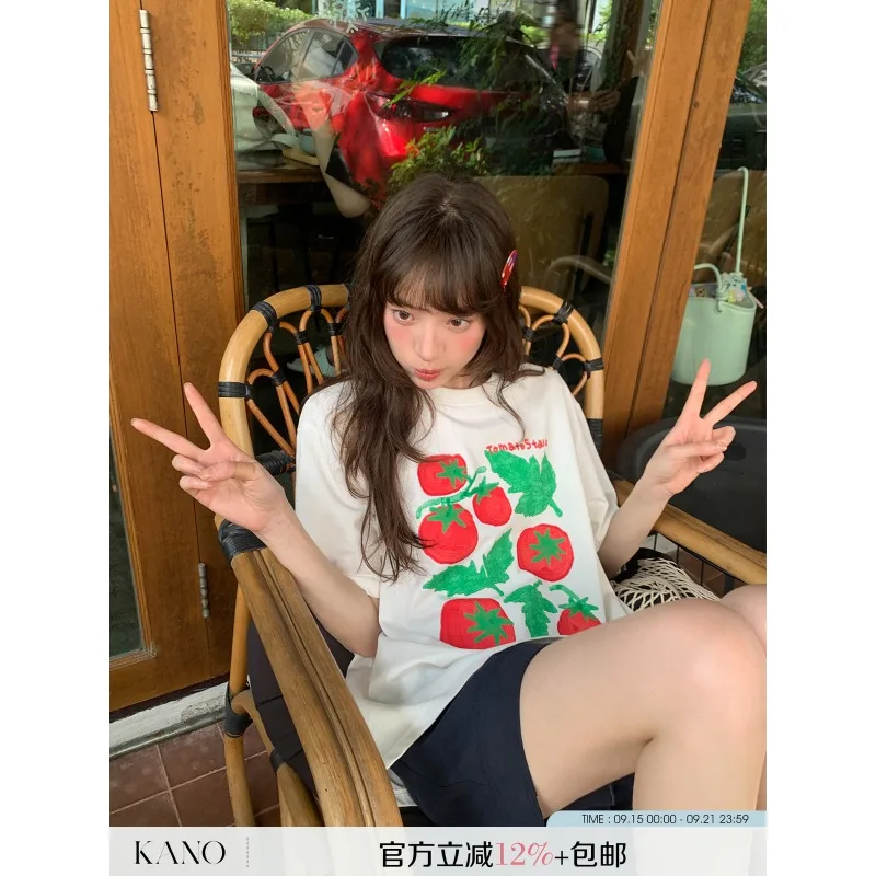 Camiseta informal de manga corta con estampado de tomate para mujer, novedad de verano, Top único holgado con cuello redondo de secado rápido