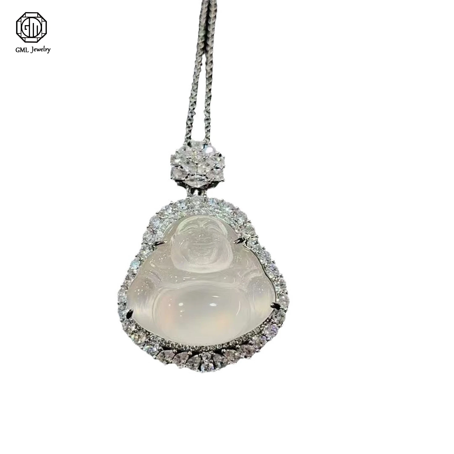Natural High Ice White Chalcedony Buddha Pendant Handmade Carved Translucent Jade Lucky Feng Shui Amulet Necklace Jewelry