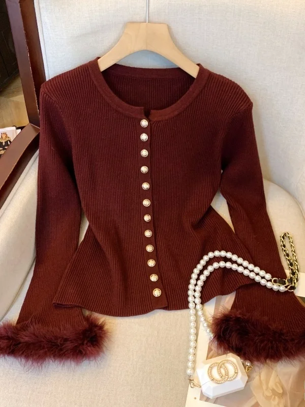 

Красный пушистый све, вязаный открытый кардиган, женский осенне-зимний утягивающий свитер Cisas, новогодний топ, удерживающий тепло, длинный слэ...