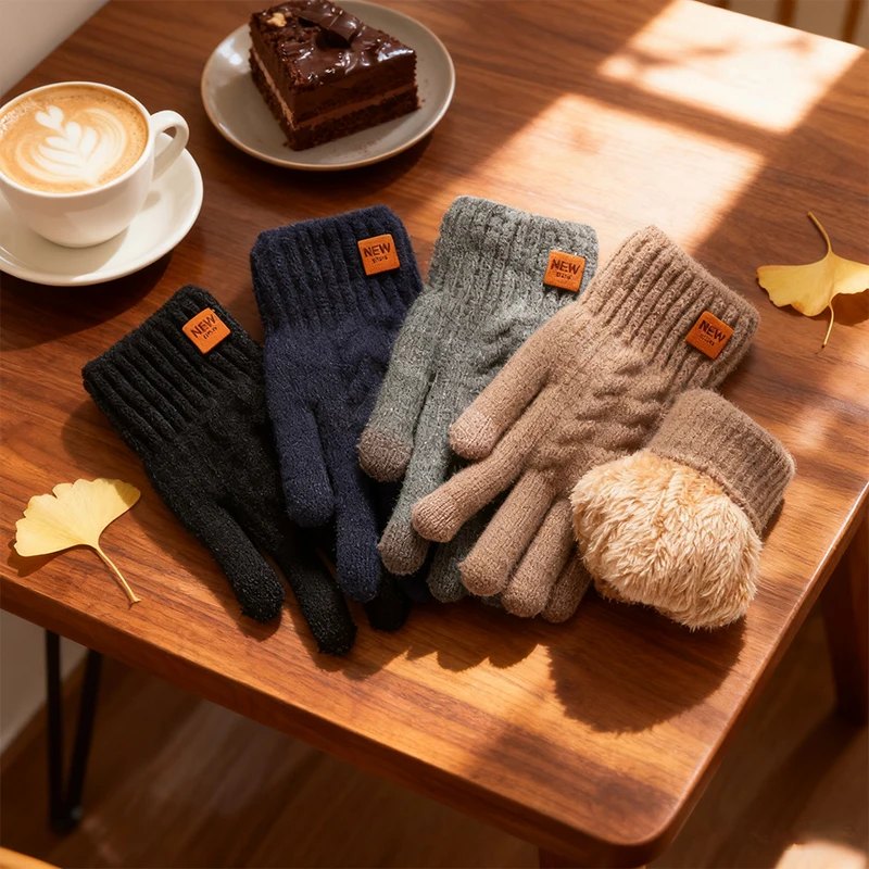 Winter Touchable Screen Gloves for Men Women With Plush Lining Double-Layer Knit Fabric Outdoor Activities Fashion Warm Gloves