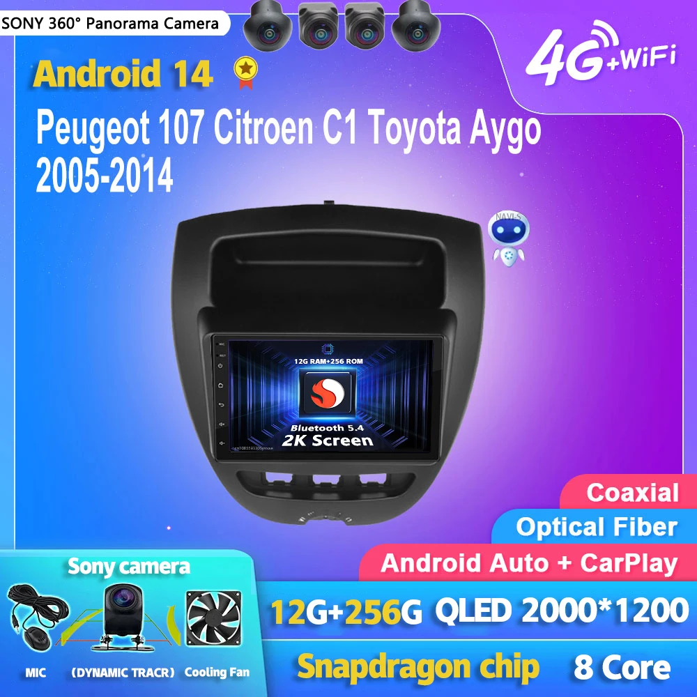 

Android 14 Carplay авто радио мультимедийный плеер для Peugeot 107 Citroen C1 Toyota Aygo 2005-2014 авторадио стерео головное устройство