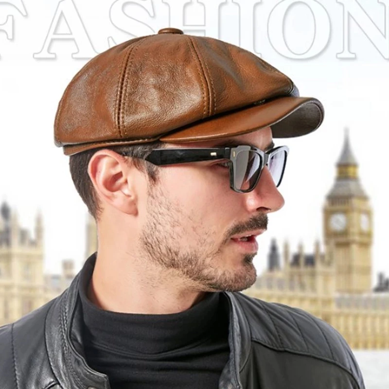 Retro Octagonal Genuine Leather Hat Winter Men\'s Cowhide Leather Beret Elegant Fashion Student Tongue Cap Snapback Caps For Men