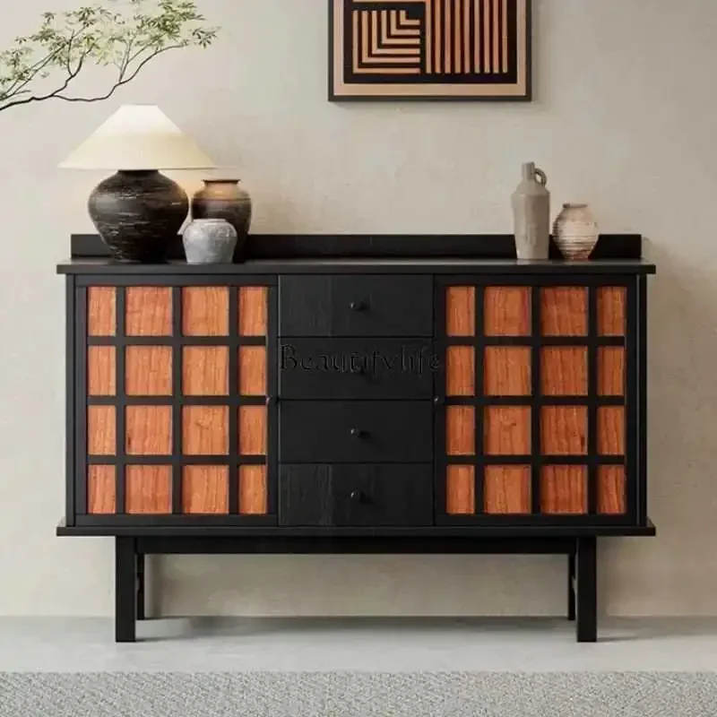 

FG44Medieval retro chest cabinet solid wood dining side entrance cabinet bedroom storage cabinet