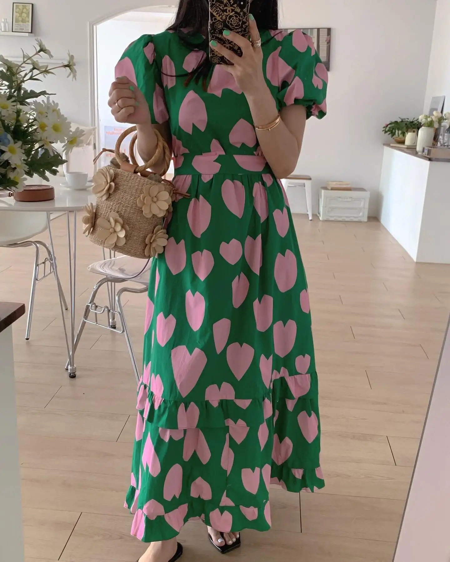 

Love Print Puff Sleeve O-neck Ruffle Dress Maxi A Line Green Blue Summer 2023 Vintage Beach Elegant Robe Femme French Fashion