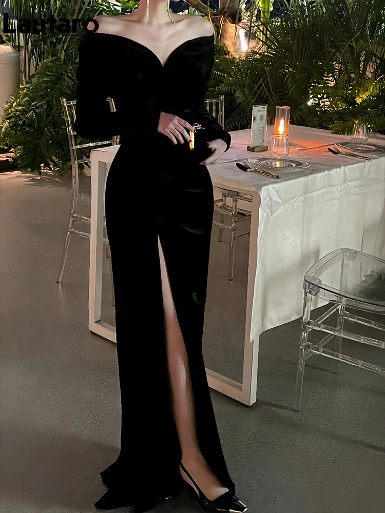 Lautaro Spring Long Sexy Black Stretchy Fitted Birthday Party Evening Dresses for Women Luxury Elegant Off the Shoulder Clothing