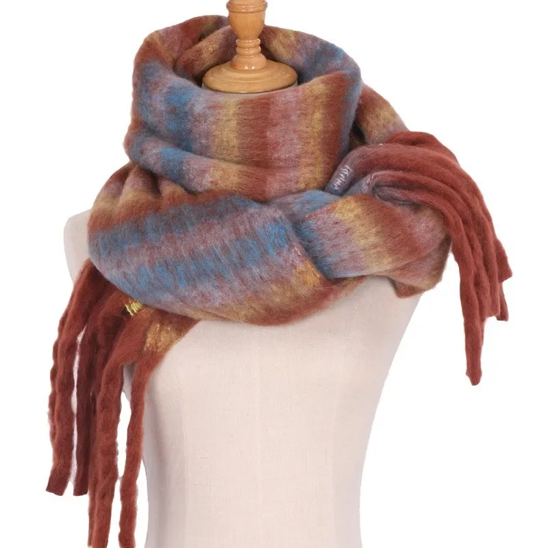 Thick Winter Scarf for Wemen Neckerchief Luxury Brand Retro Plush Brown Scarf Extended Outdoor Warm Striped Shawl Foulard Brode