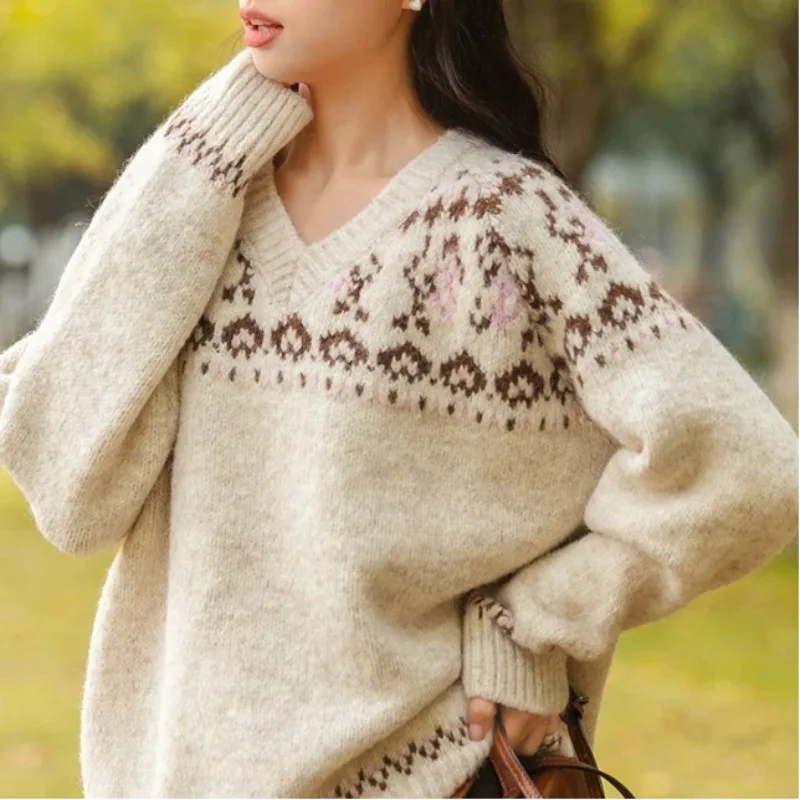 

Preppy Style Jacquard Fair Isle Pullover Sweater For Women Autumn Winter New Arrival Loose Lazy Style V Neck Knit Top