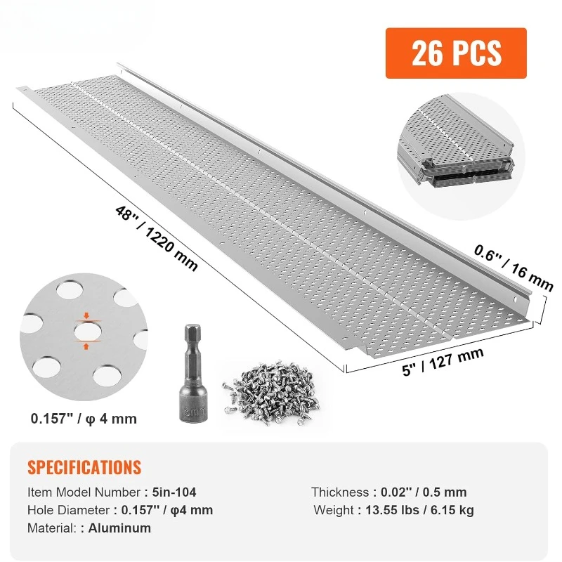 Gutter Guard, 5 inch Width, Aluminum Leaf Filter DIY Gutter Cover, 26 PCS 104 ft Total Length, 0.157'' Hole Diameter