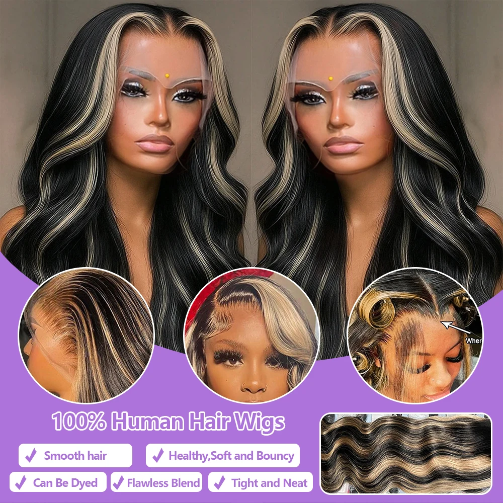 1B/27 Balayage Highlight Body Wave Wig Human Hair 30 Inch 13x4 HD Lace Frontal Wig Ombre Blonde Highlight Brazilian Hair  Wigs image 4