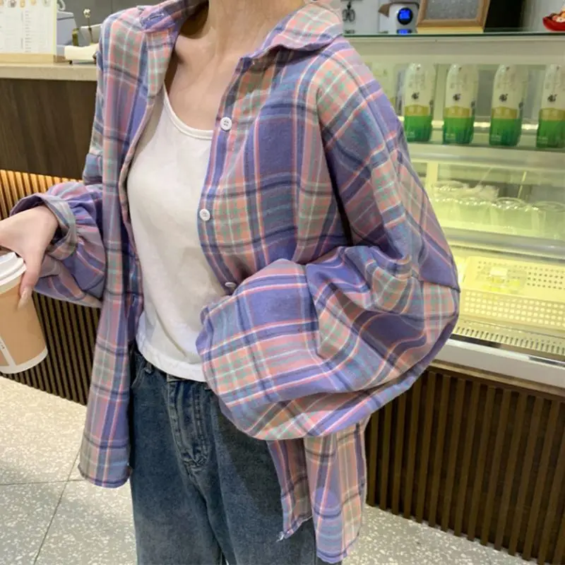 Camicia a quadri da donna Camicia ampia a maniche lunghe con colletto abbottonato Camicetta monopetto Top Camicie a quadri pastello preppy da donna