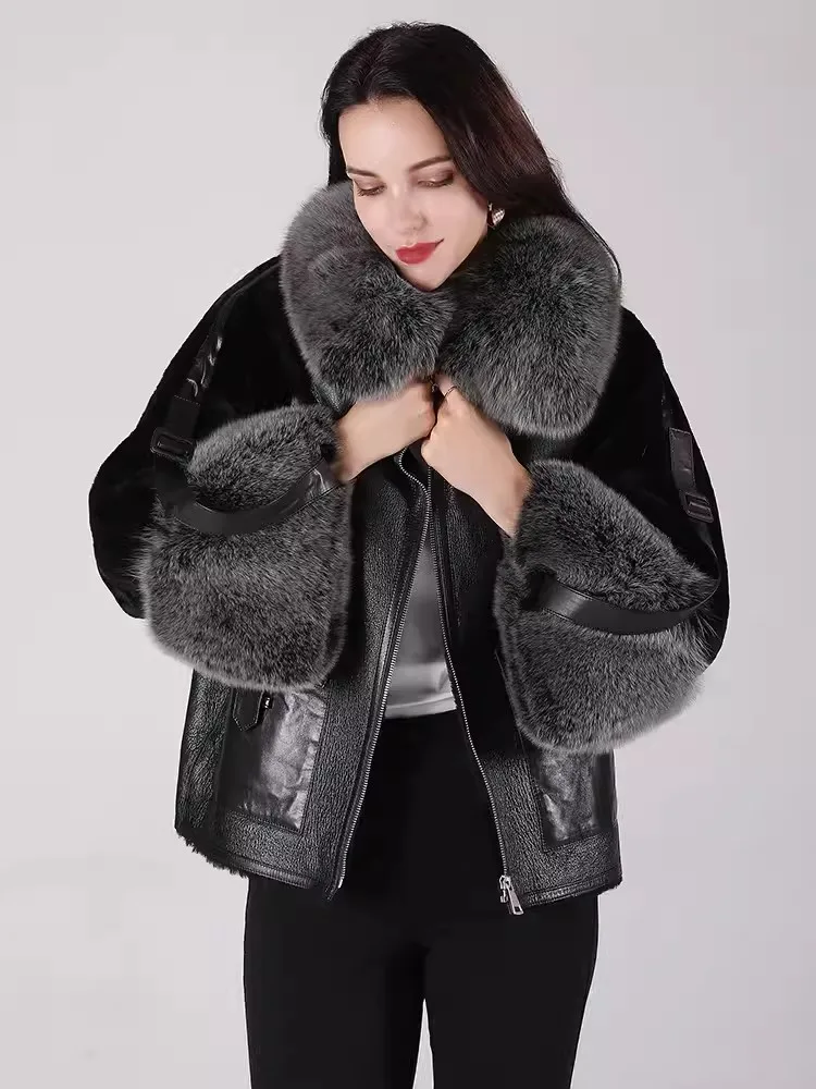 Luxury Fox Fur Collar Office Ladies New Winter Elegant Sheep Shearling Short Coat Zipper Warm Genuine Leather Real Fur Jackets