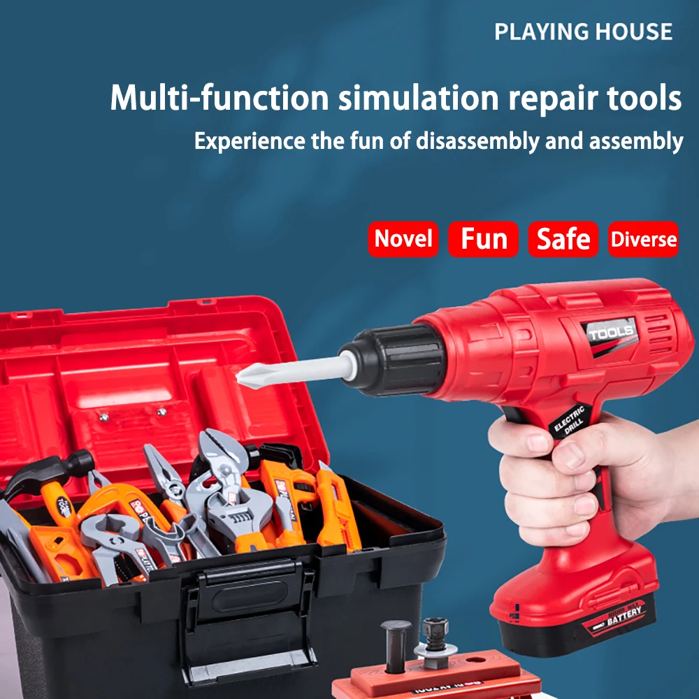Caixas de ferramentas de simulação infantil, brinquedos de reparo, furadeiras elétricas, aparafusar, dramatização, inteligência, educação precoce, faça você mesmo