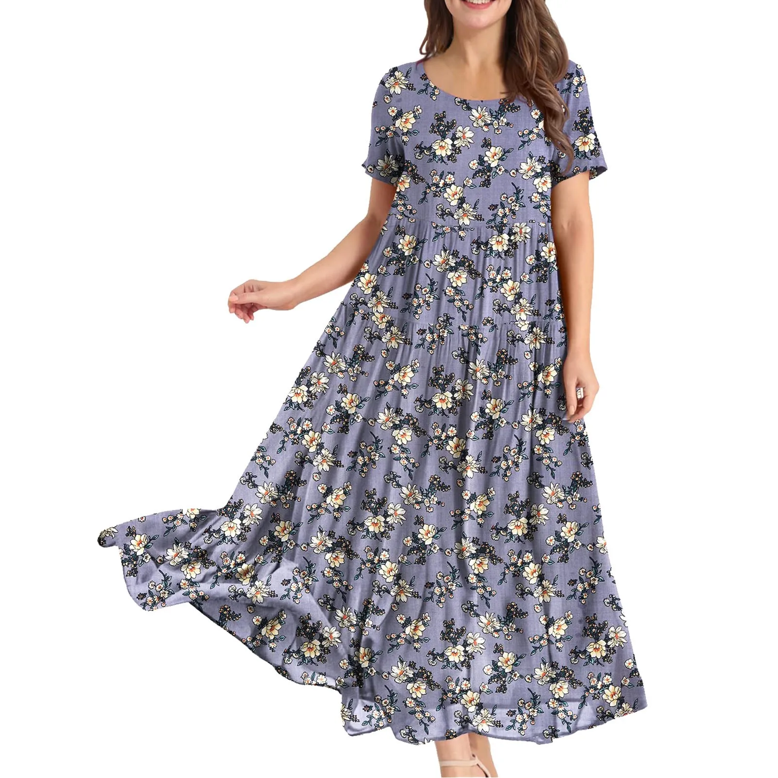 

Ladies Summer Beach Midi Dress Comfortable Round Neck Short Sleeve Pleated Dress Casual Loose Oversize Flower Print Dress