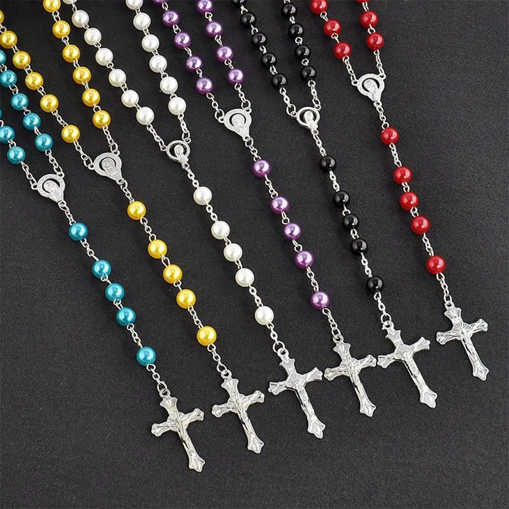 Fashion Crucifix Charm Virgin Mary Pendant Rosary Beads Chain Cross Necklace Jesus