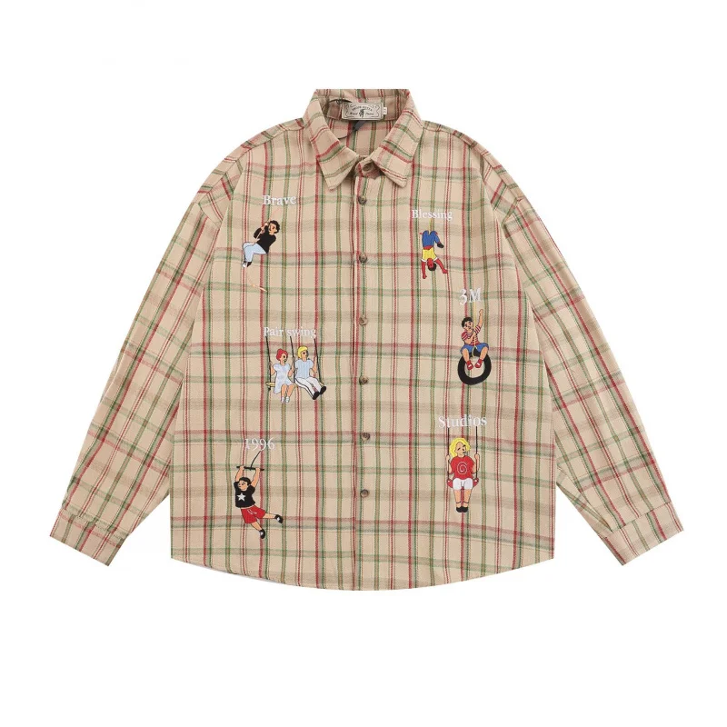 

MAQVOB EU US Size High Quality Trendy Plaid Embroidered Shirt Unique Design Unisex Retro Loose Leisure Shirt