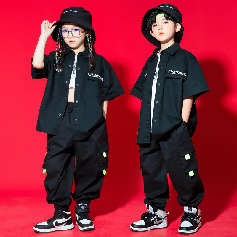 Kid Hip Hop Clothing Black Letters Short Sleeve Shirt Casual Street Cargo Jogger Pants for Girl Boy Jazz Dance Costume Clothes