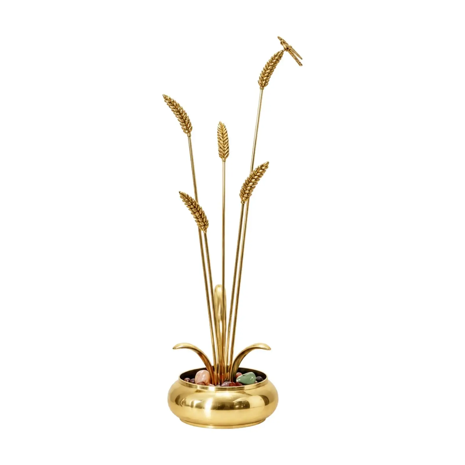 Brass Wheat Decorative Arrangement Dragonfly Figurine for Tabletop Display with Stone Filled Vessel