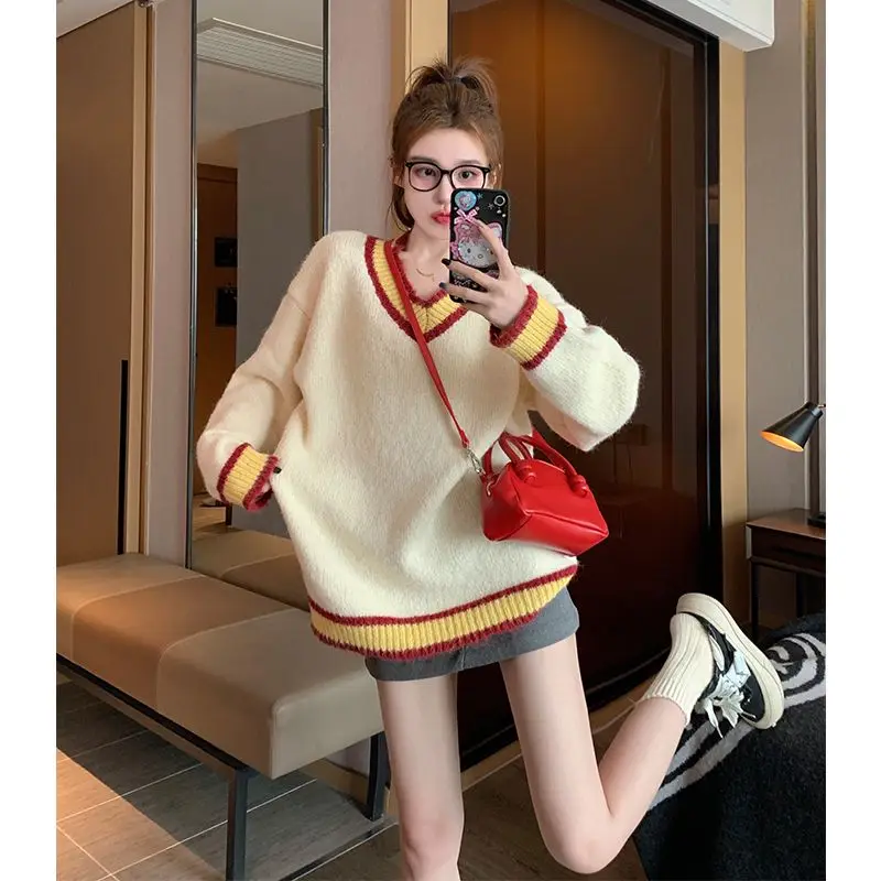 

Fashion Striped V-neck Thick Knitting Pullovers Women Autumn Winter Simplicity Office Lady Sweater Sweet All-match Knitwear Tops
