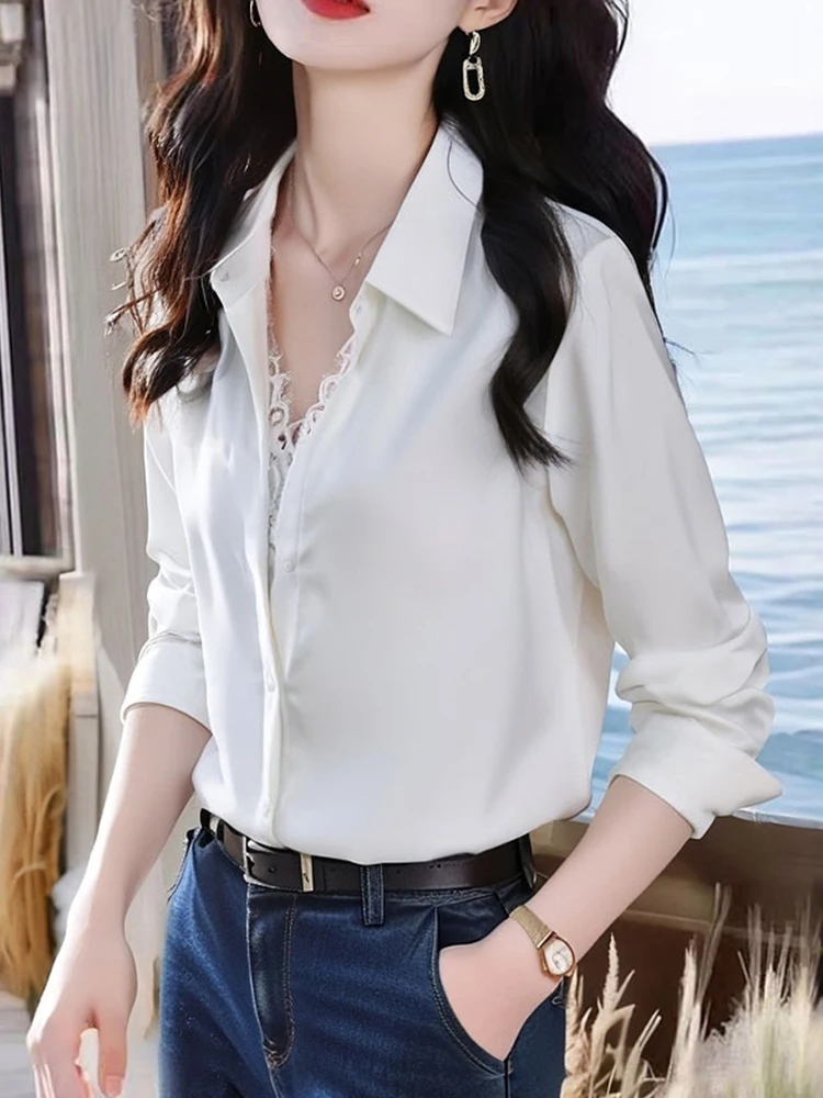 

Ele Lace Splice Long Sve irt Women's Faionable Single Button Design Open Cardigan Top Commute Korean Sle Straigh...