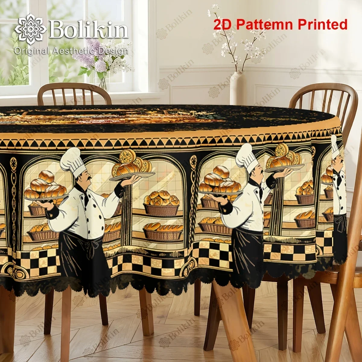 One item, a tablecloth with a baking theme, buffalo checkered chef delicious food bread printing design, yzb