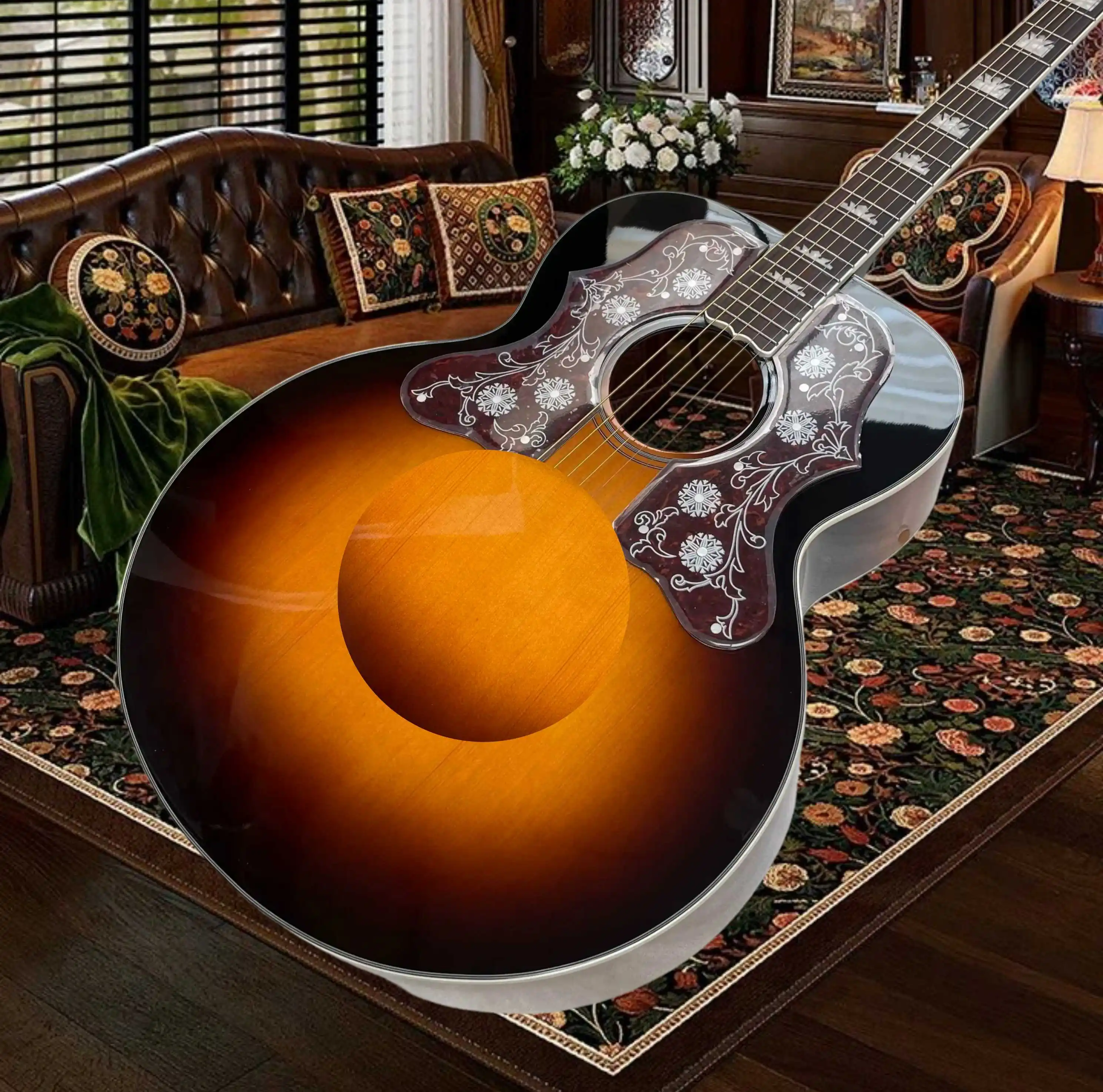 Vintage Sunburst J200 Acoustic Guitar Flamed Maple Back Sides Rosewood Fingerboard Vine-Inlaid Dual Pickguards Band Strumming