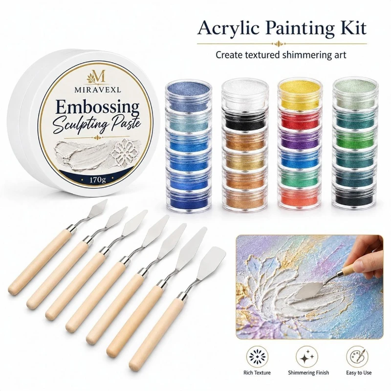MIRAVEXL Embossing Sculpting Paste 170g with 24 Colors Mica Pearl Powder Pigment and 7pcs Palette Knife Set for Textured Art
