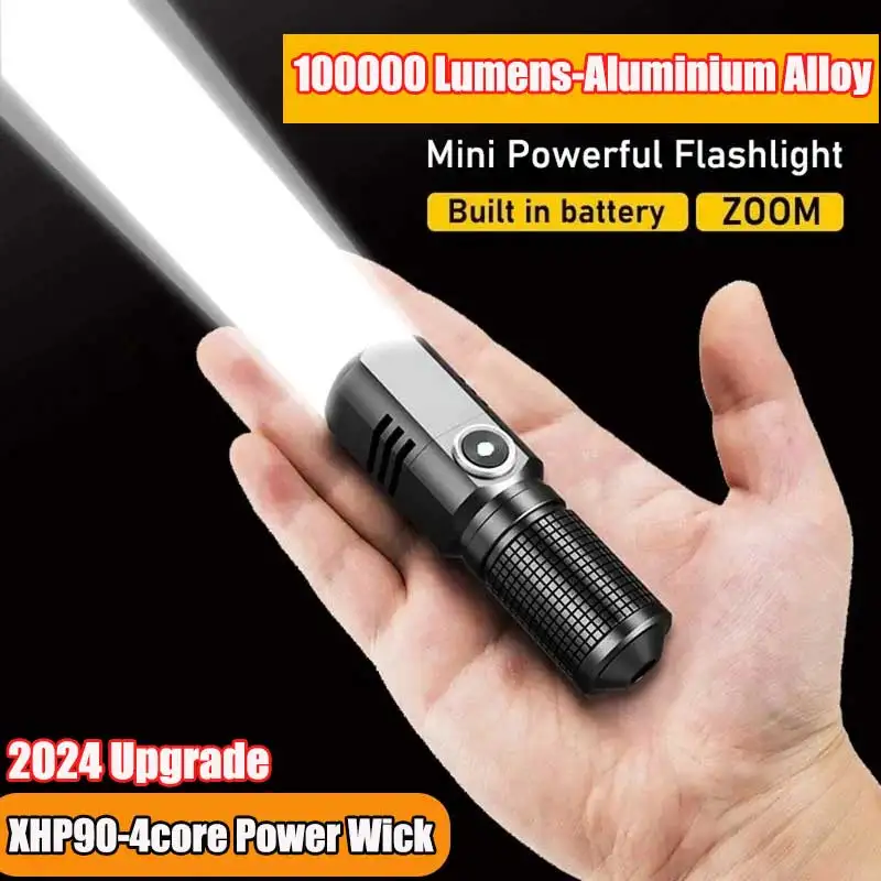 

2024 100000LM MINI XHP50 LED Flashlight USB XHP90 Torch Rechargeable Zoom Fishing Lantern Powerful 3 Lighting Mode Camping Lamp