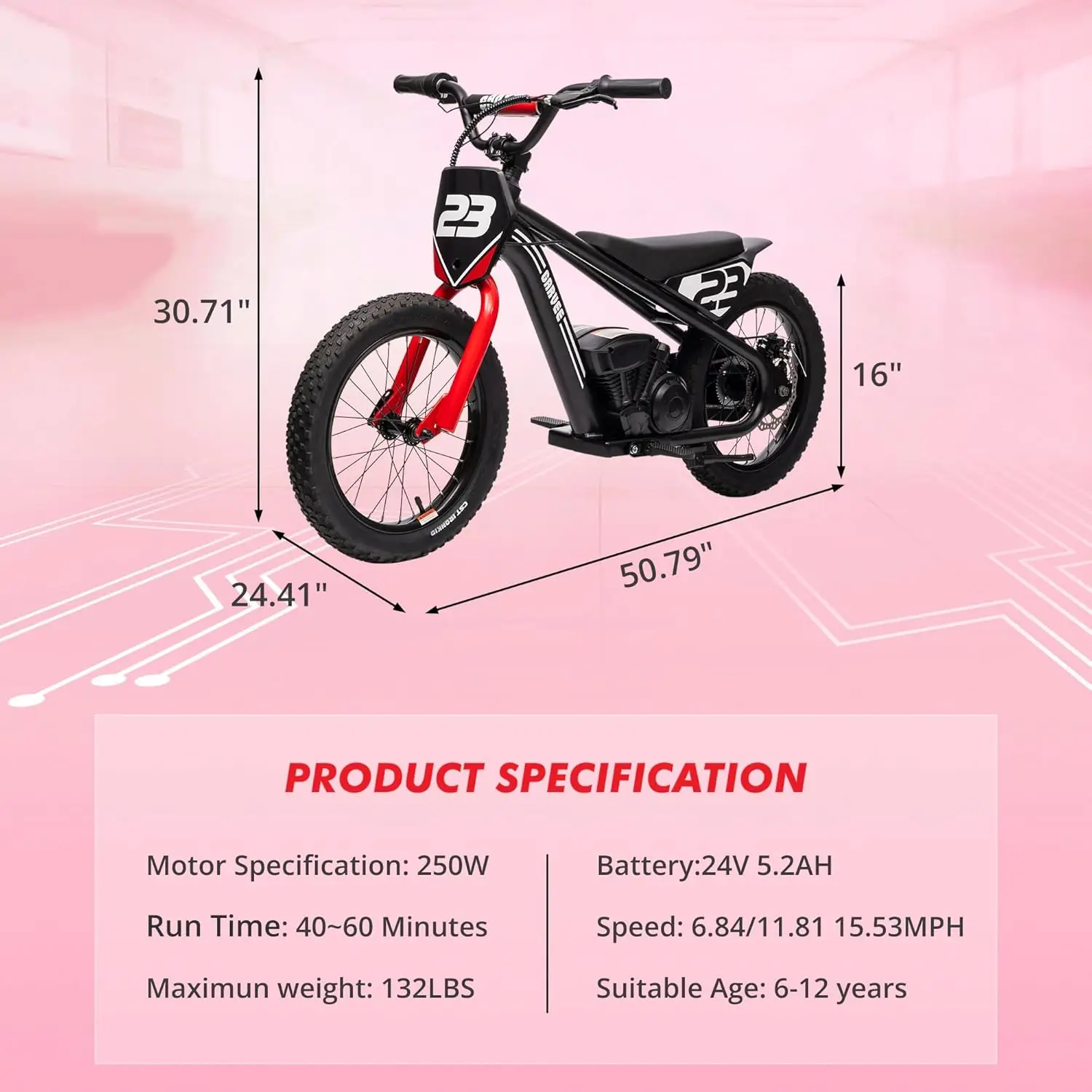24V elektrische crossmotor voor kinderen, 16 inch 250 W elektrische loopfiets motorfiets voor kinderen van 6-12 jaar, 3 snelheidsinstellingen / afneembare batterij