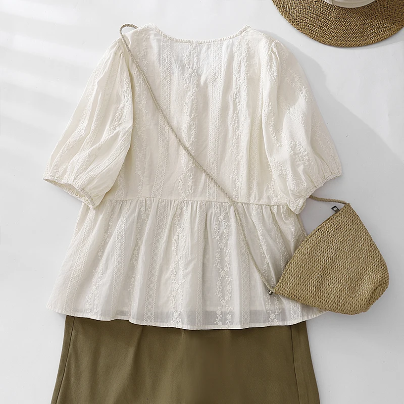 Retro geborduurde lantaarn Sve irt dames zomer Faion leeftijd-Defng pop irt V-Ne top trendy katoenmix materiaal