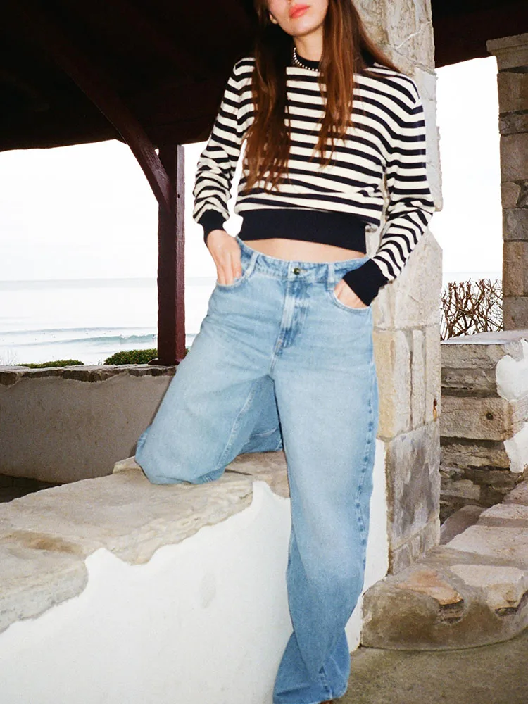 봄 신상 여성용 다용도 라운드넥 긴팔 스트라이프 캐주얼 스포츠 숏 니트 스웨터 슬림핏 출퇴근 스타일