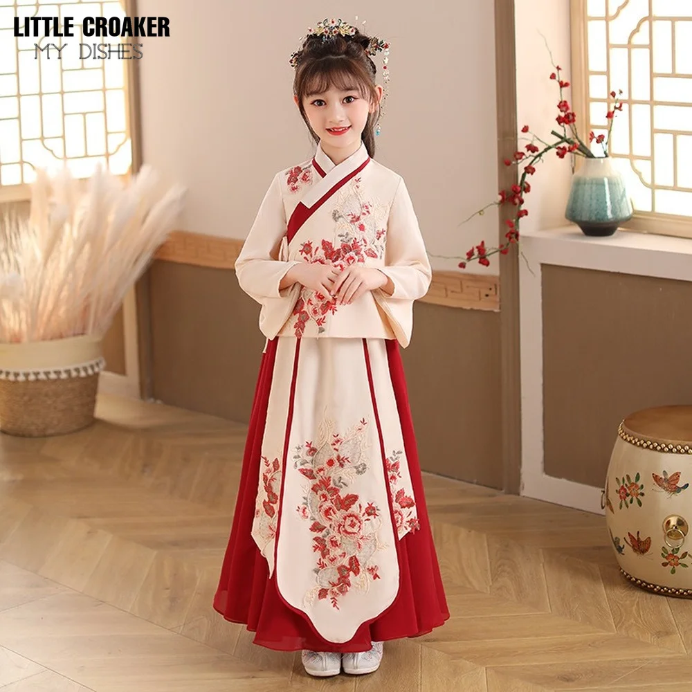 Crianças bonito bordado antigo hanfu chinês adorável tradicional princesa vestido crianças realizar trajes meninas tang terno