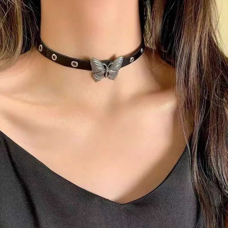 DIY accessories  sweet cool babes butterfly choker necklace dark niche design sense punk girl leather necklace collar
