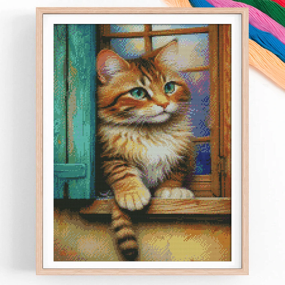 Kreuzstichset Katze auf der Fensterbank Muster 11CT Fäden DIY Handstickerei Kit Kunsthandwerk