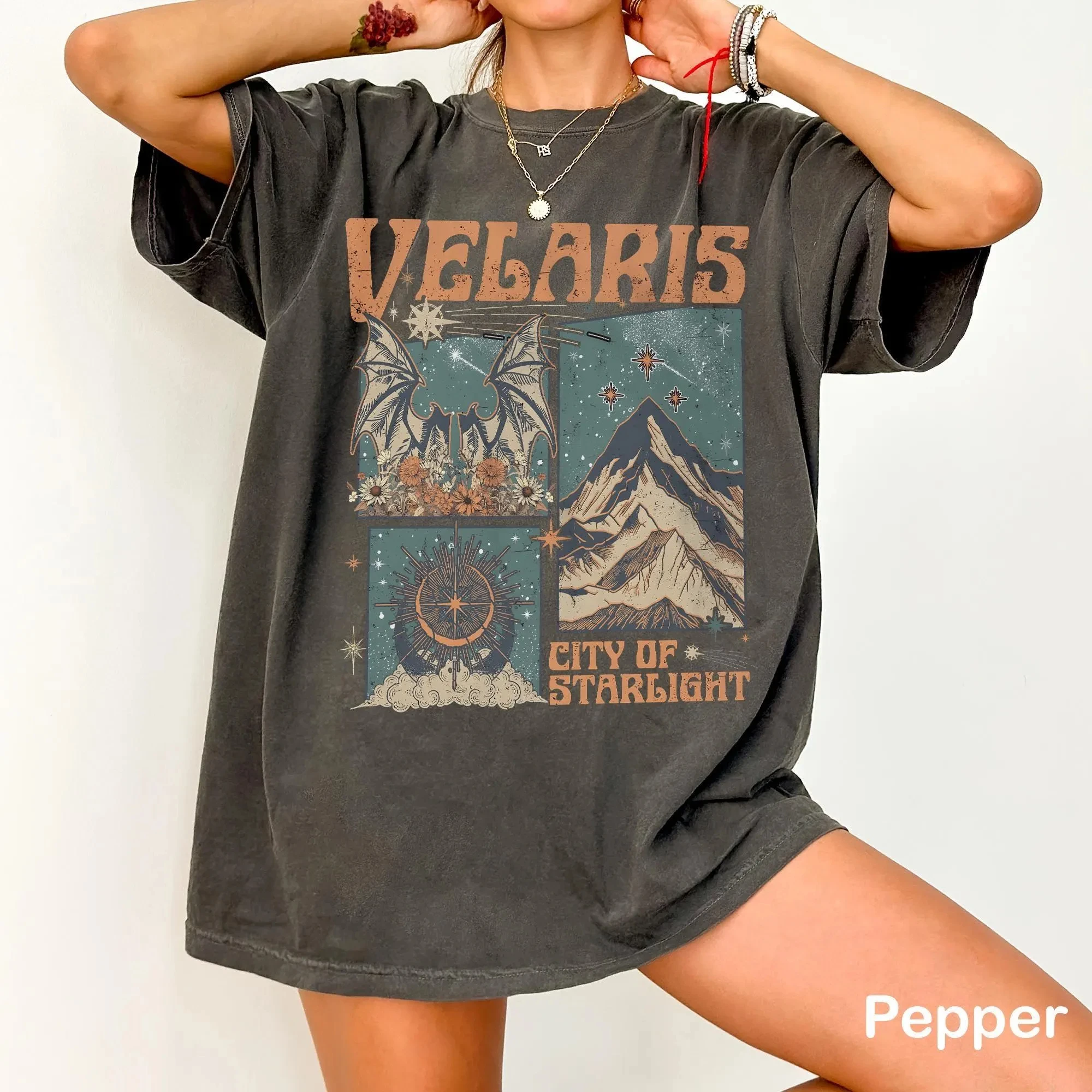 

Plus Size Summer Women's Vintage Velaris PNG TShirt City of Starlight Cotton Breathable Stylish Versatile Street Style Oversized