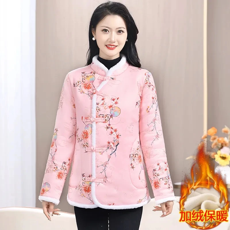 New Chinese Style Winter Plush Jacket Women Retro Ethnic Large Size Printed Plate Stand Collar Fleece Cotton Coat Outwear 5XL