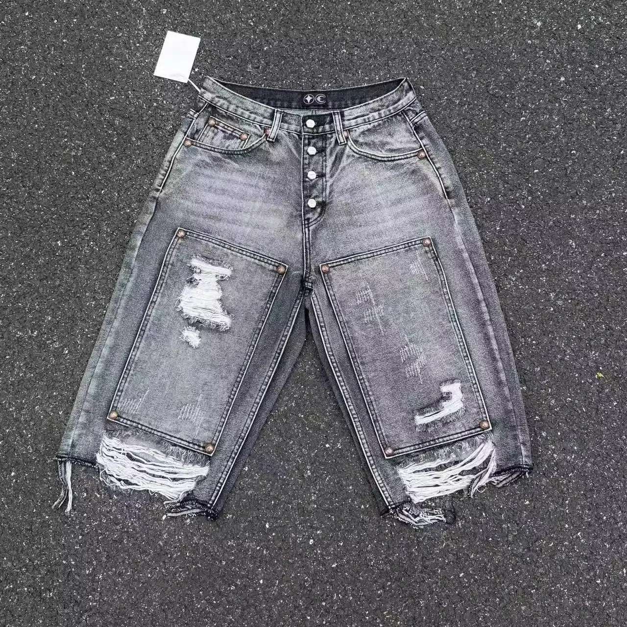 Thug Club 2026 New Distressed Wash Frayed Hem Fringe Star & Moon Embroidery Hardware Cropped Denim Shorts