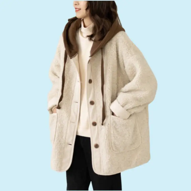 Hot Autumn Winter New Women Korean Version Spliced Cotton Hooded Jacket Casual Loose Fashion Versatile Thick Cotton Jacket Tops