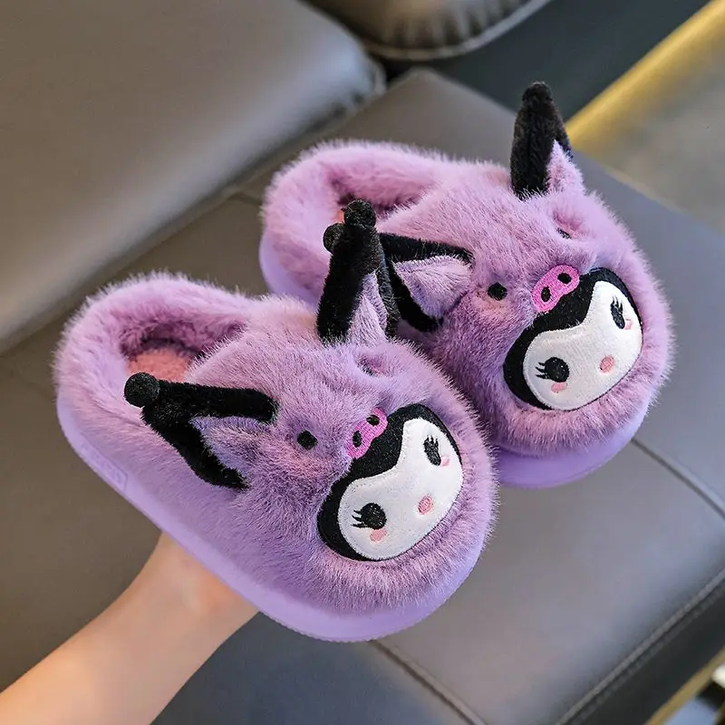

Детские хлопковые тапочки Sanrio, осенне-зимние домашние тапочки Kuromi с героями мультфильмов для девочек, детские бархатные теплые тапочки